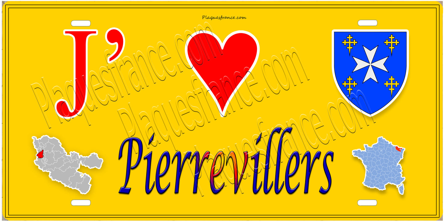 Plaque métal décorative 15 x 30 cm fond  mur jaune carte J' ❤️Pierrevillers , canton Rombas 57
