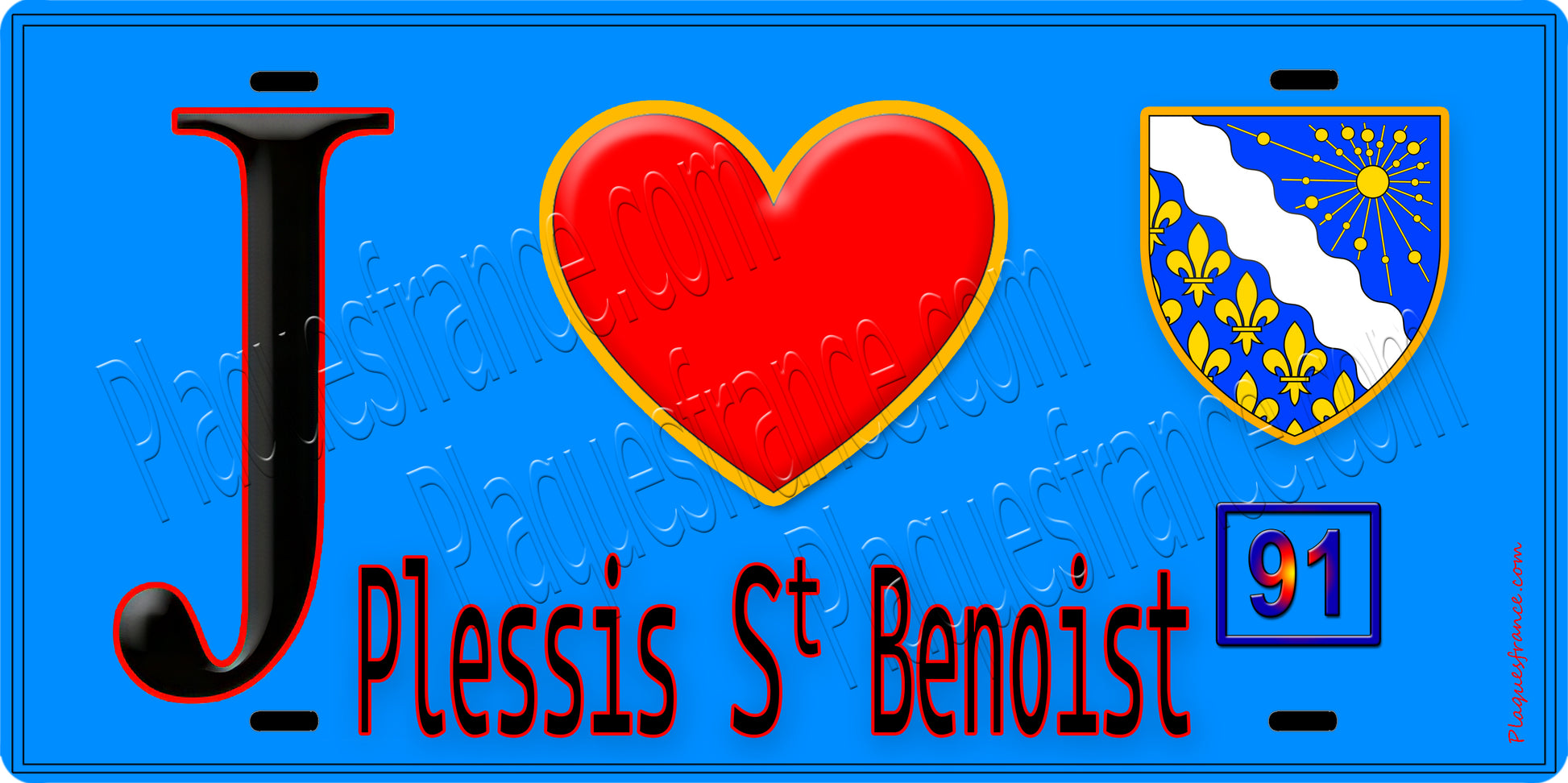 Plaque métal décorative  J' ❤️Plessis-Saint-Benoist, Essonne (91) fond bleu