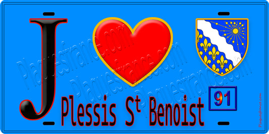 Plaque métal décorative  J' ❤️Plessis-Saint-Benoist, Essonne (91) fond bleu
