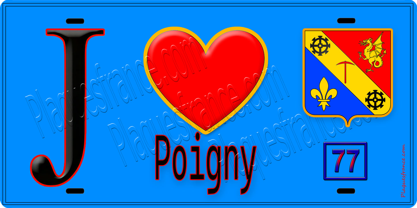 Plaque métal décorative  J' ❤️Poigny, Seine et Marne (77) fond bleu