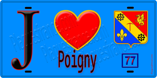 Plaque métal décorative  J' ❤️Poigny, Seine et Marne (77) fond bleu