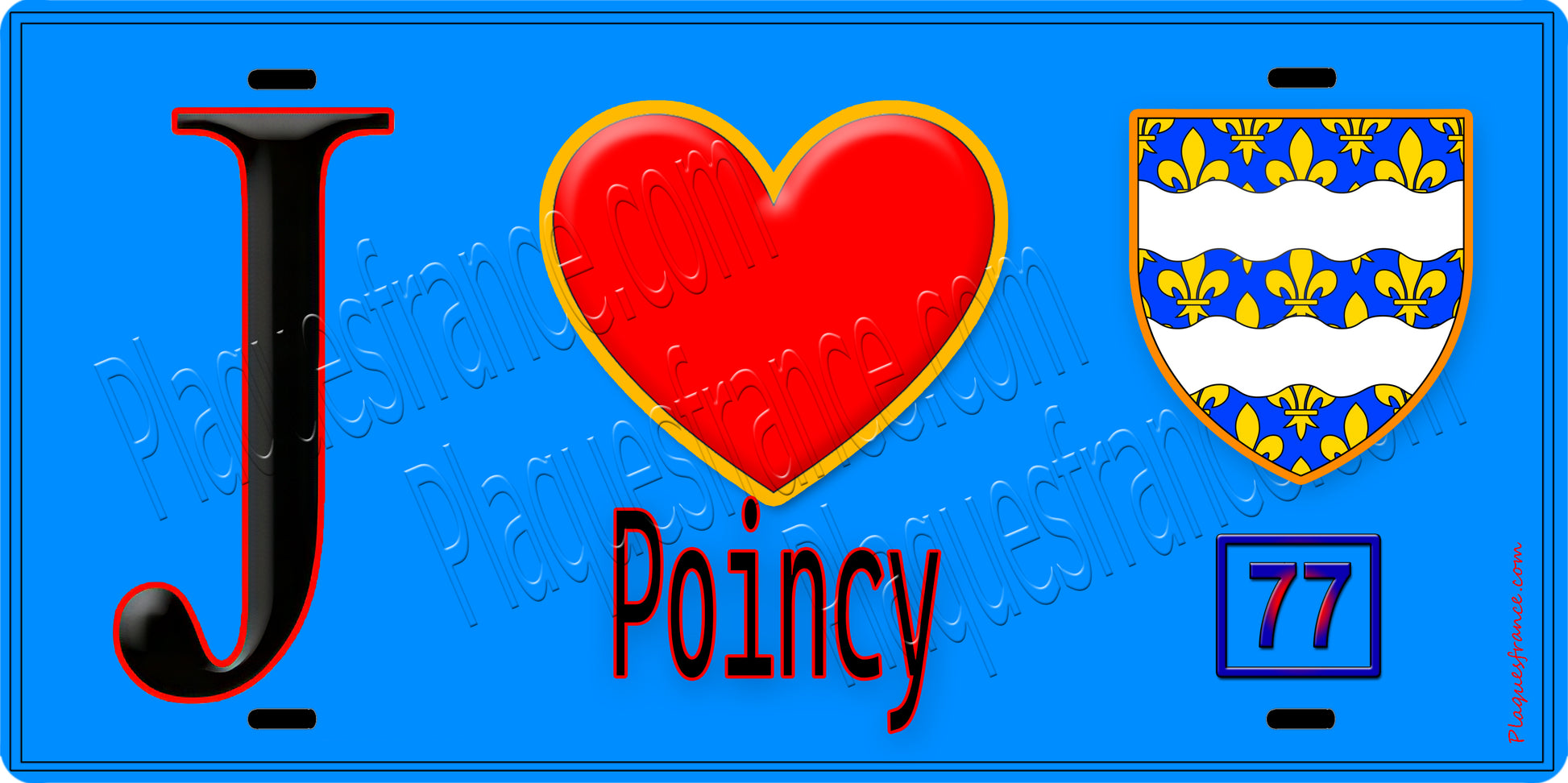 Plaque métal décorative  J' ❤️Poincy, Seine et Marne (77) fond bleu