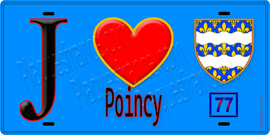 Plaque métal décorative  J' ❤️Poincy, Seine et Marne (77) fond bleu