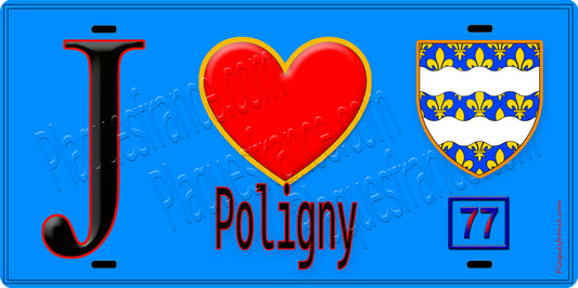 Plaque métal décorative  J' ❤️Poligny, Seine et Marne (77) fond bleu