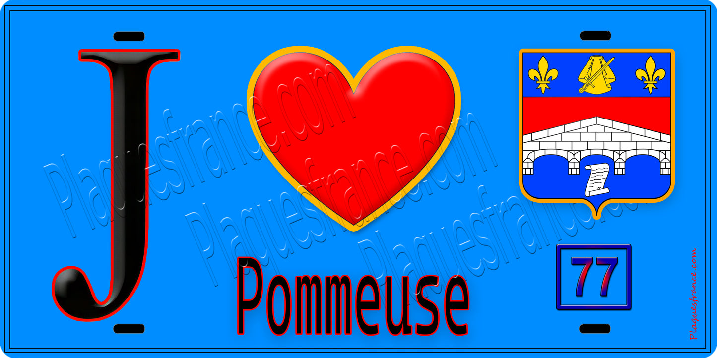 Plaque métal décorative  J' ❤️Pommeuse, Seine et Marne (77) fond bleu