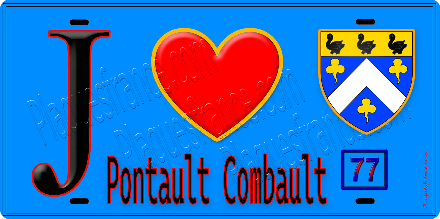 Plaque métal décorative  J' ❤️Pontault-Combault, Seine et Marne (77) fond bleu