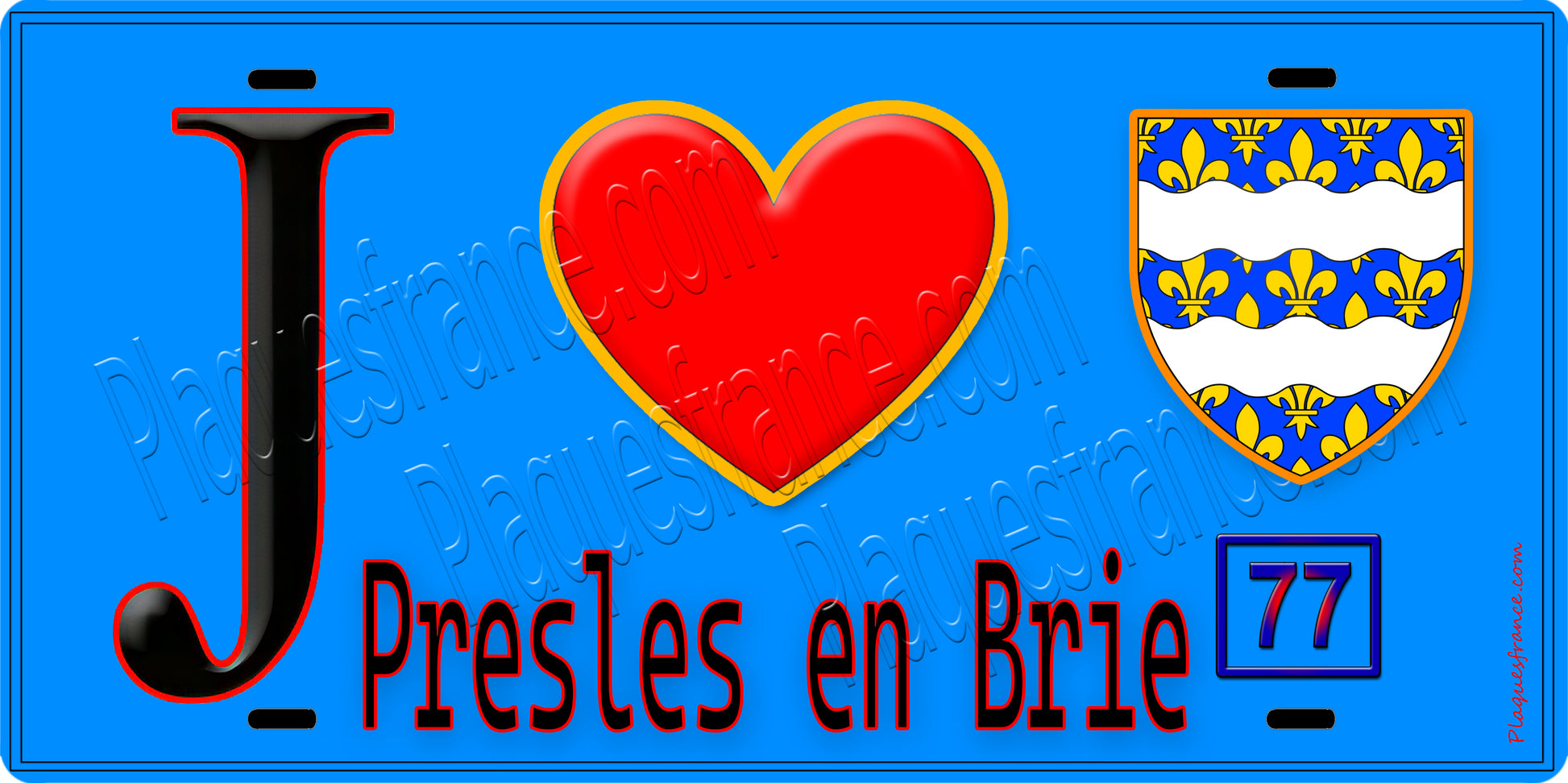 Plaque métal décorative  J' ❤️Presles-en-Brie, Seine et Marne (77) fond bleu