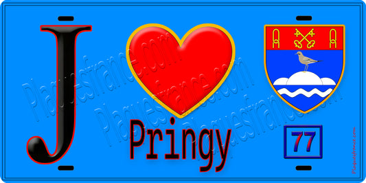 Plaque métal décorative  J' ❤️Pringy, Seine et Marne (77) fond bleu