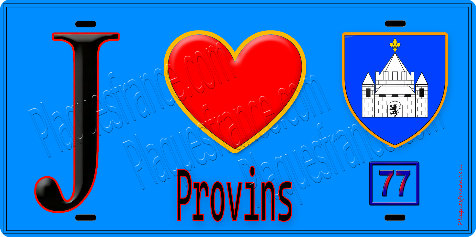 Plaque métal décorative  J' ❤️Provins, Seine et Marne (77) fond bleu