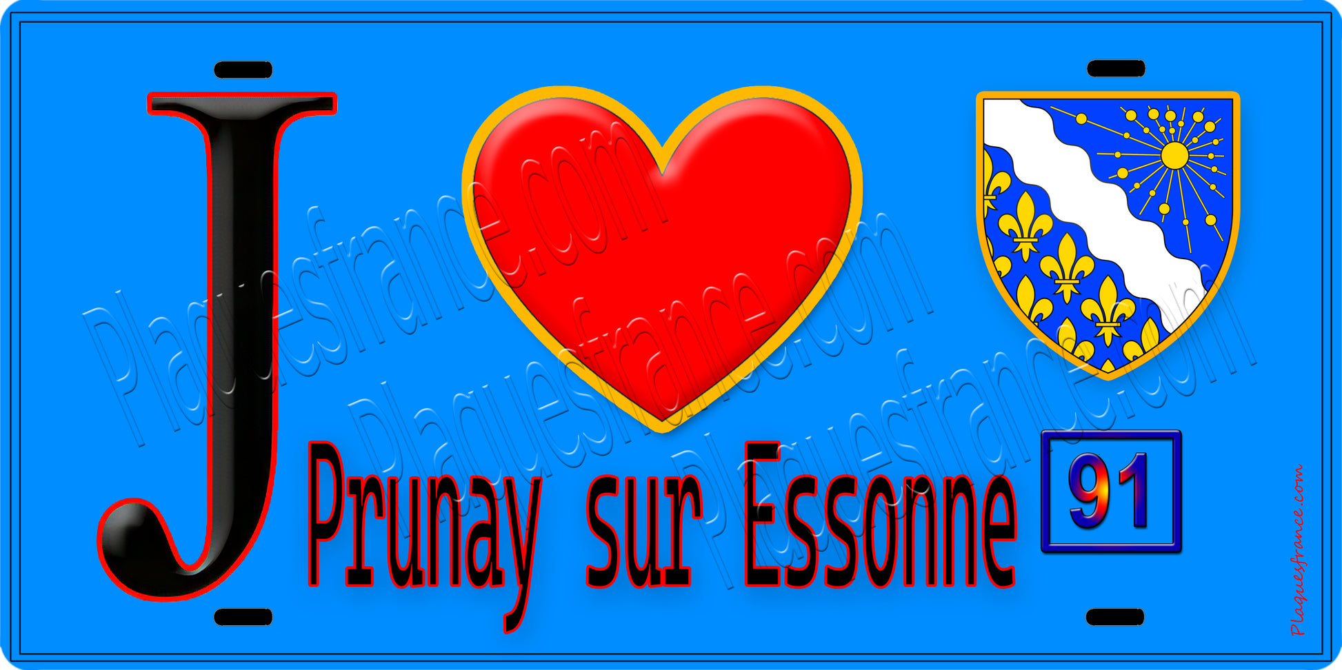 Plaque métal décorative  J' ❤️Prunay-sur-Essonne, Essonne (91) fond bleu