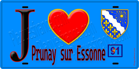 Plaque métal décorative  J' ❤️Prunay-sur-Essonne, Essonne (91) fond bleu