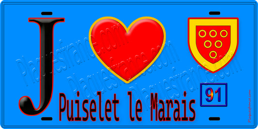 Plaque métal décorative  J' ❤️Puiselet-le-Marais, Essonne (91) fond bleu