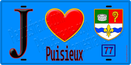 Plaque métal décorative  J' ❤️Puisieux, Seine et Marne (77) fond bleu