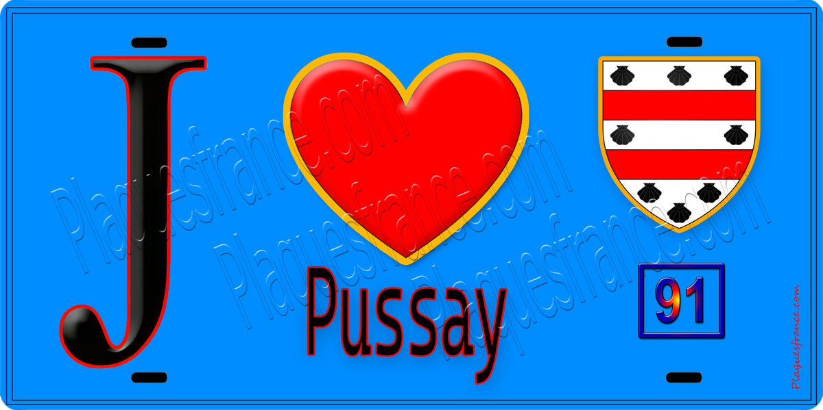 Plaque métal décorative  J' ❤️Pussay, Essonne (91) fond bleu