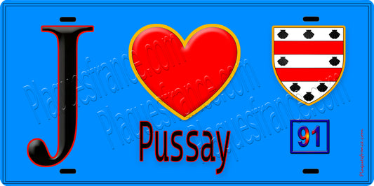 Plaque métal décorative  J' ❤️Pussay, Essonne (91) fond bleu