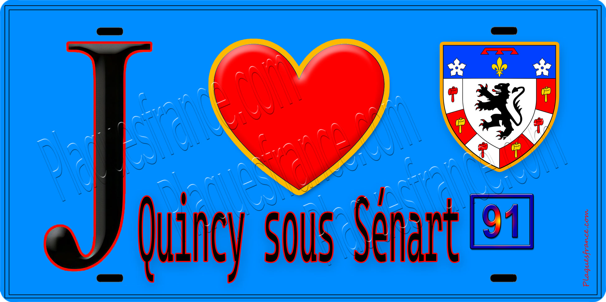 Plaque métal décorative  J' ❤️Quincy-sous-Sénart, Essonne (91) fond bleu