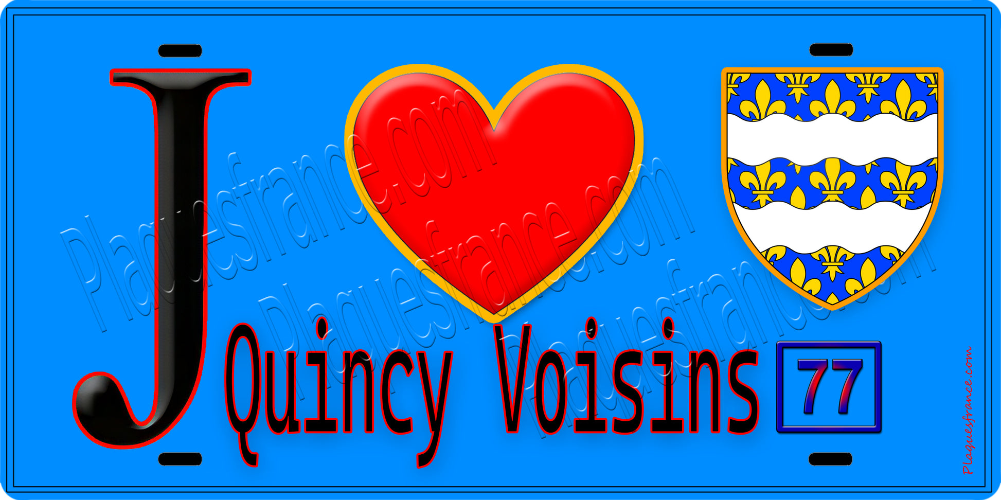 Plaque métal décorative  J' ❤️Quincy-Voisins, Seine et Marne (77) fond bleu
