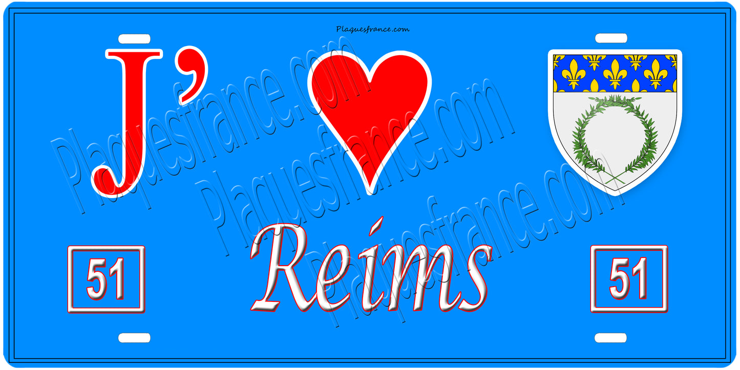 Plaque métal décorative, J' ❤️Reims, Marne, fond  mur bleu 51
