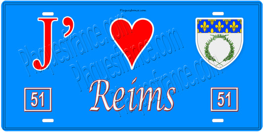 Plaque métal décorative, J' ❤️Reims, Marne, fond  mur bleu 51