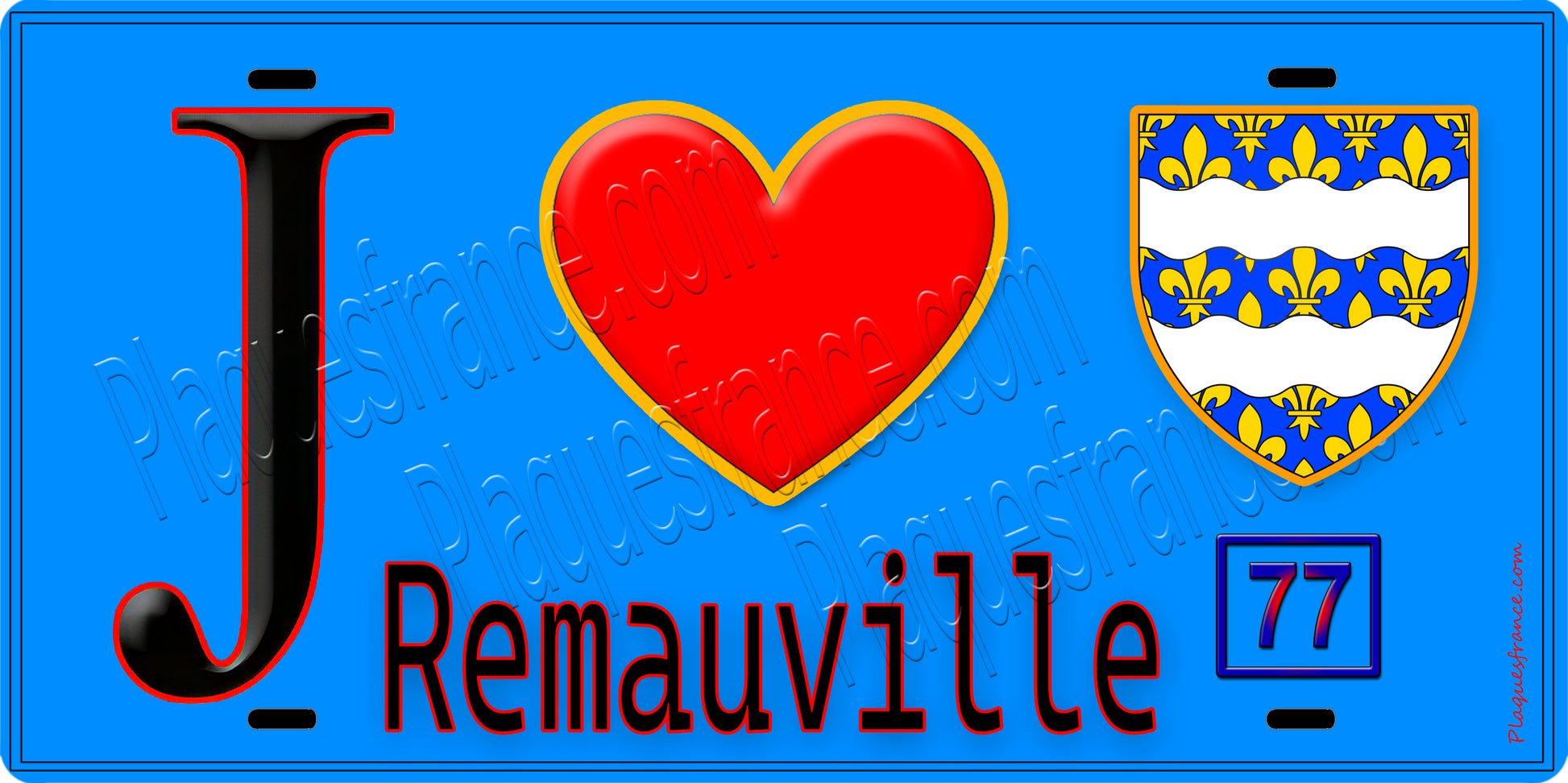 Plaque métal décorative  J' ❤️Remauville, Seine et Marne (77) fond bleu