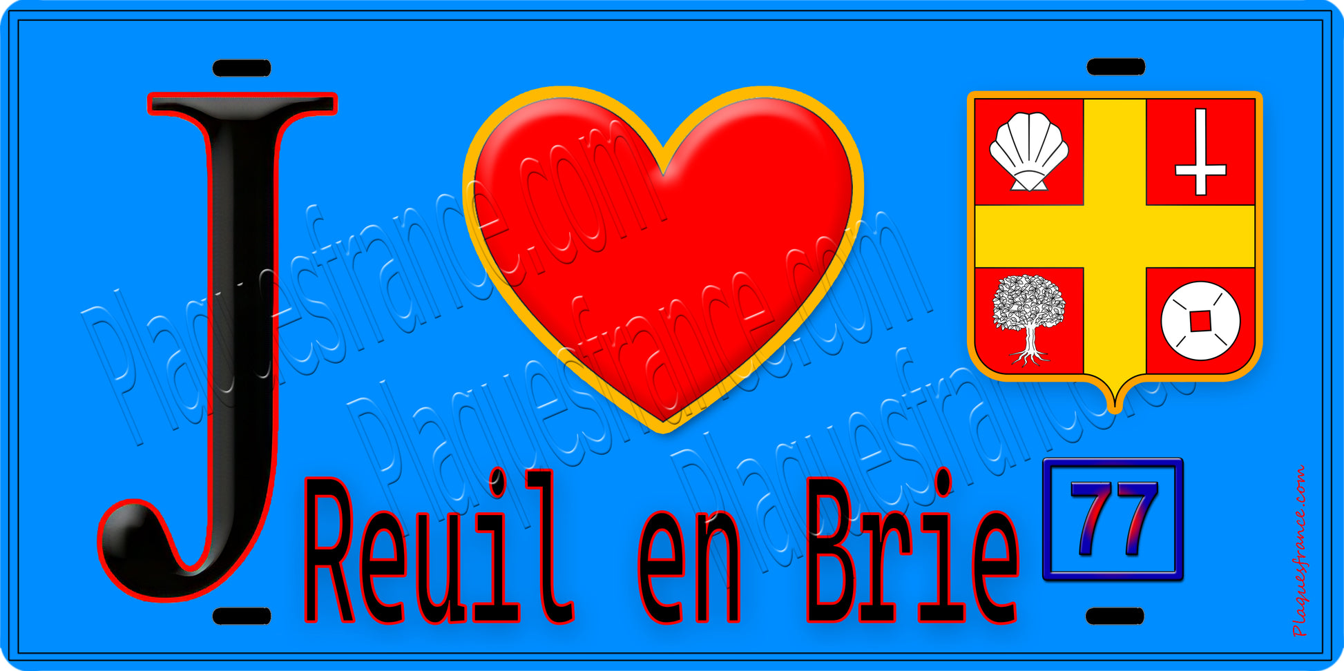Plaque métal décorative  J' ❤️Reuil-en-Brie, Seine et Marne (77) fond bleu
