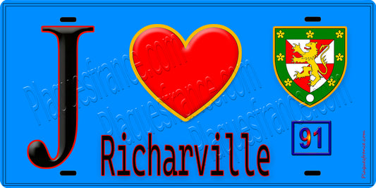 Plaque métal décorative  J' ❤️Richarville, Essonne (91) fond bleu