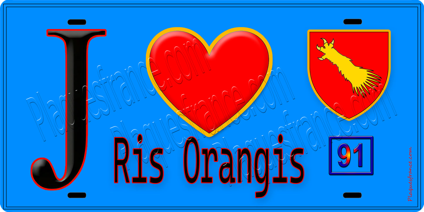 Plaque métal décorative  J' ❤️Ris-Orangis, Essonne (91) fond bleu
