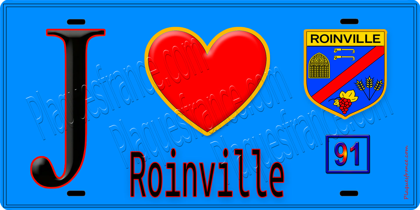 Plaque métal décorative  J' ❤️Roinville, Essonne (91) fond bleu