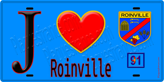 Plaque métal décorative  J' ❤️Roinville, Essonne (91) fond bleu