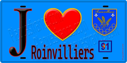 Plaque métal décorative  J' ❤️Roinvilliers, Essonne (91) fond bleu