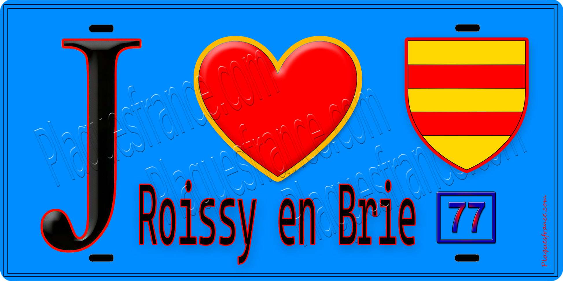 Plaque métal décorative  J' ❤️Roissy-en-Brie, Seine et Marne (77) fond bleu
