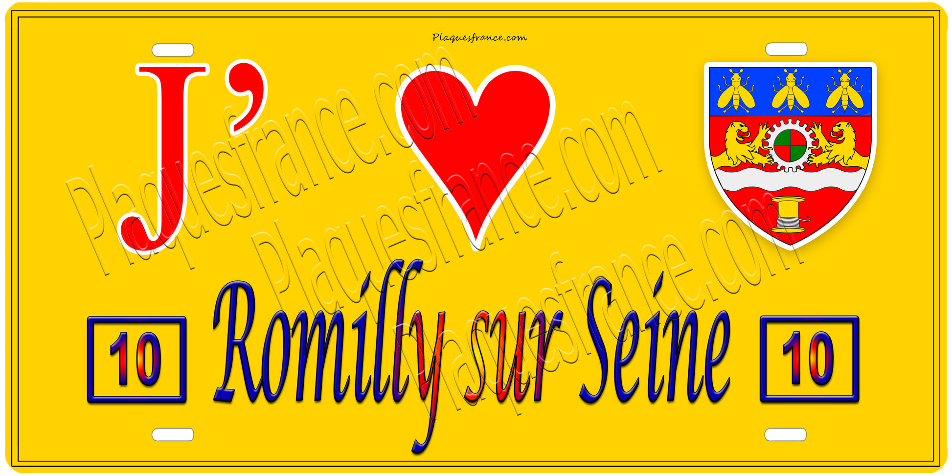 Plaque métal décorative, J' ❤️Romilly-sur-Seine, Aube, fond  mur jaune 10