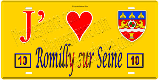 Plaque métal décorative, J' ❤️Romilly-sur-Seine, Aube, fond  mur jaune 10