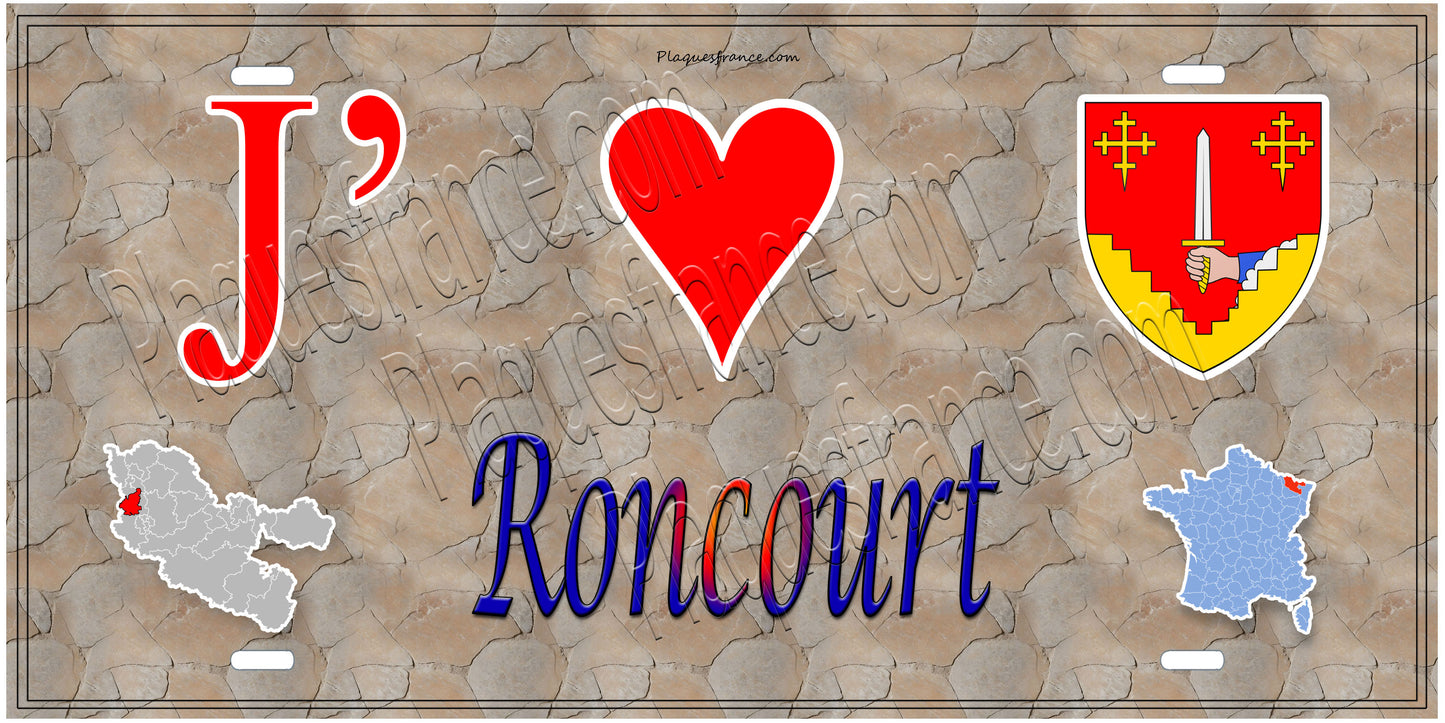 Plaque métal décorative 15 x 30 cm fond  mur antique carte J' ❤️Roncourt, canton Rombas 57