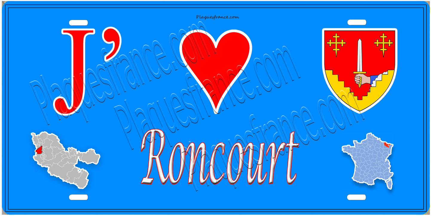 Plaque métal décorative 15 x 30 cm fond  mur bleu carte J' ❤️Roncourt, canton Rombas 57