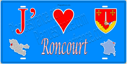 Plaque métal décorative 15 x 30 cm fond  mur bleu carte J' ❤️Roncourt, canton Rombas 57
