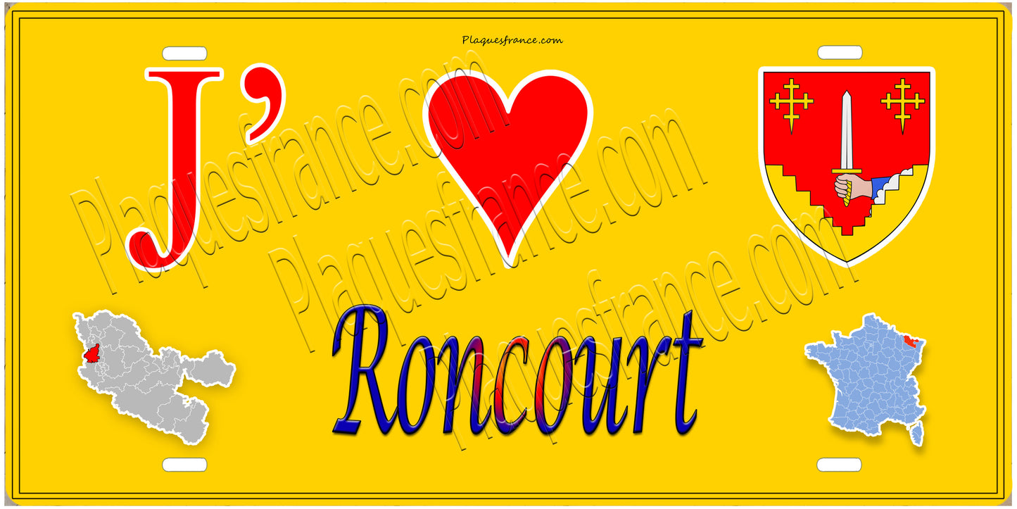 Plaque métal décorative 15 x 30 cm fond  mur jaune carte J' ❤️Roncourt, canton Rombas 57