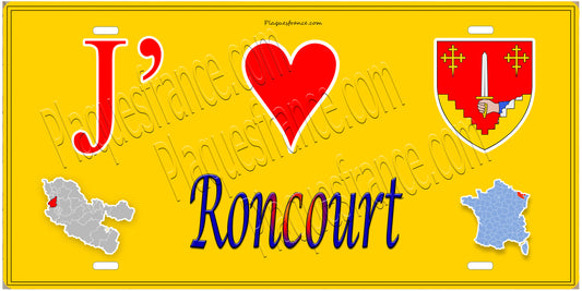 Plaque métal décorative 15 x 30 cm fond  mur jaune carte J' ❤️Roncourt, canton Rombas 57