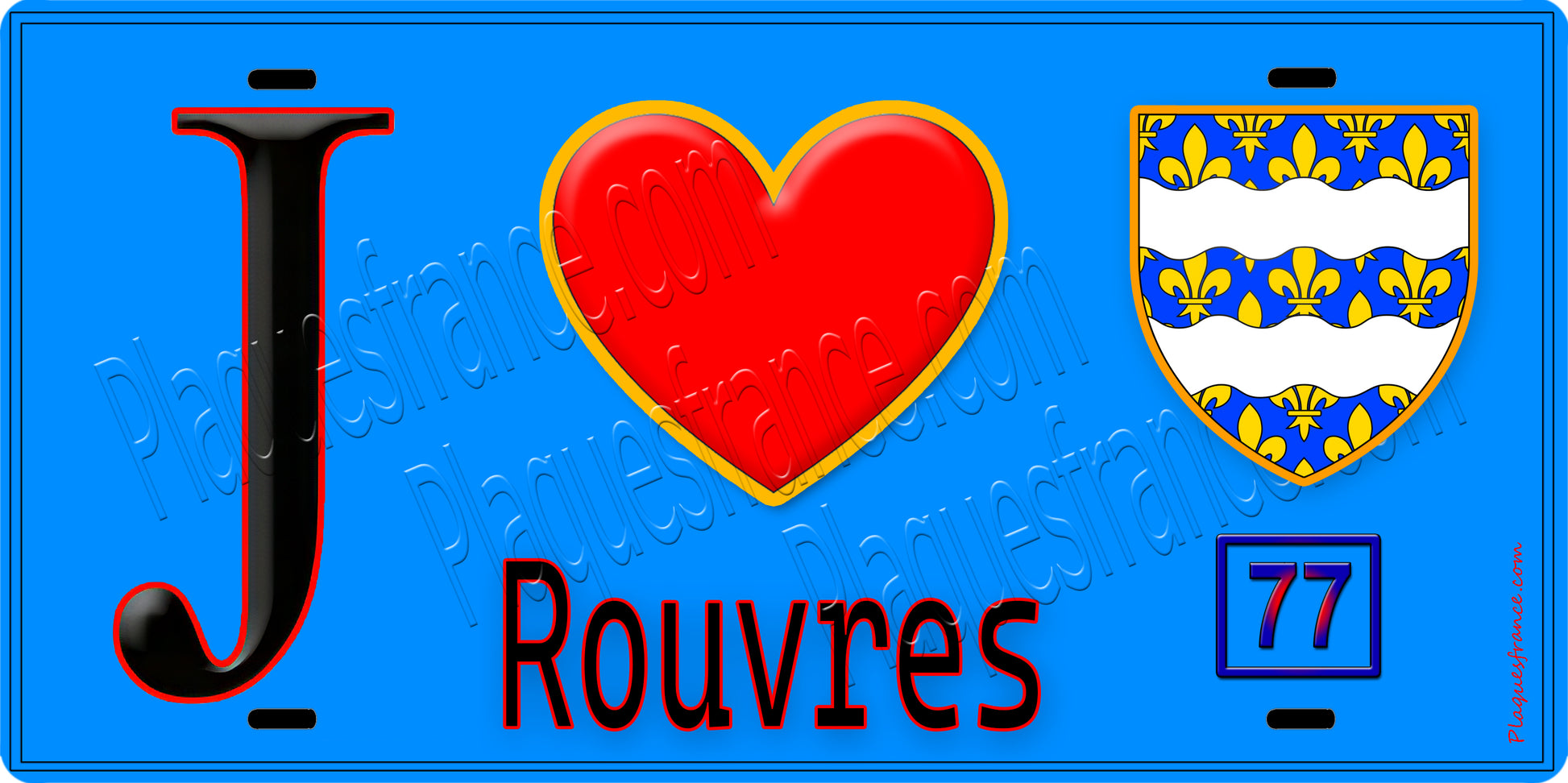Plaque métal décorative  J' ❤️Rouvres, Seine et Marne (77) fond bleu