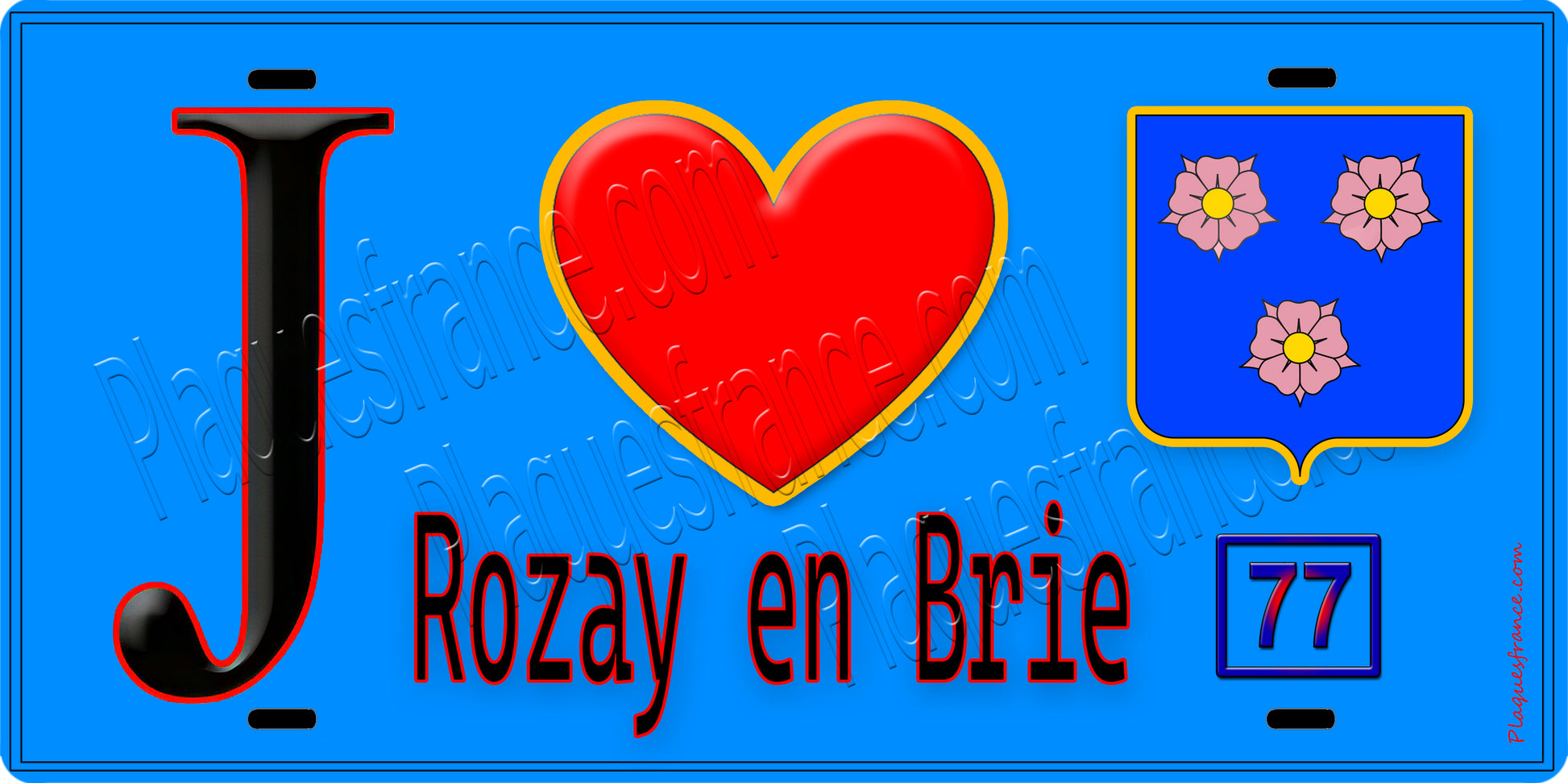 Plaque métal décorative  J' ❤️Rozay-en-Brie, Seine et Marne (77) fond bleu