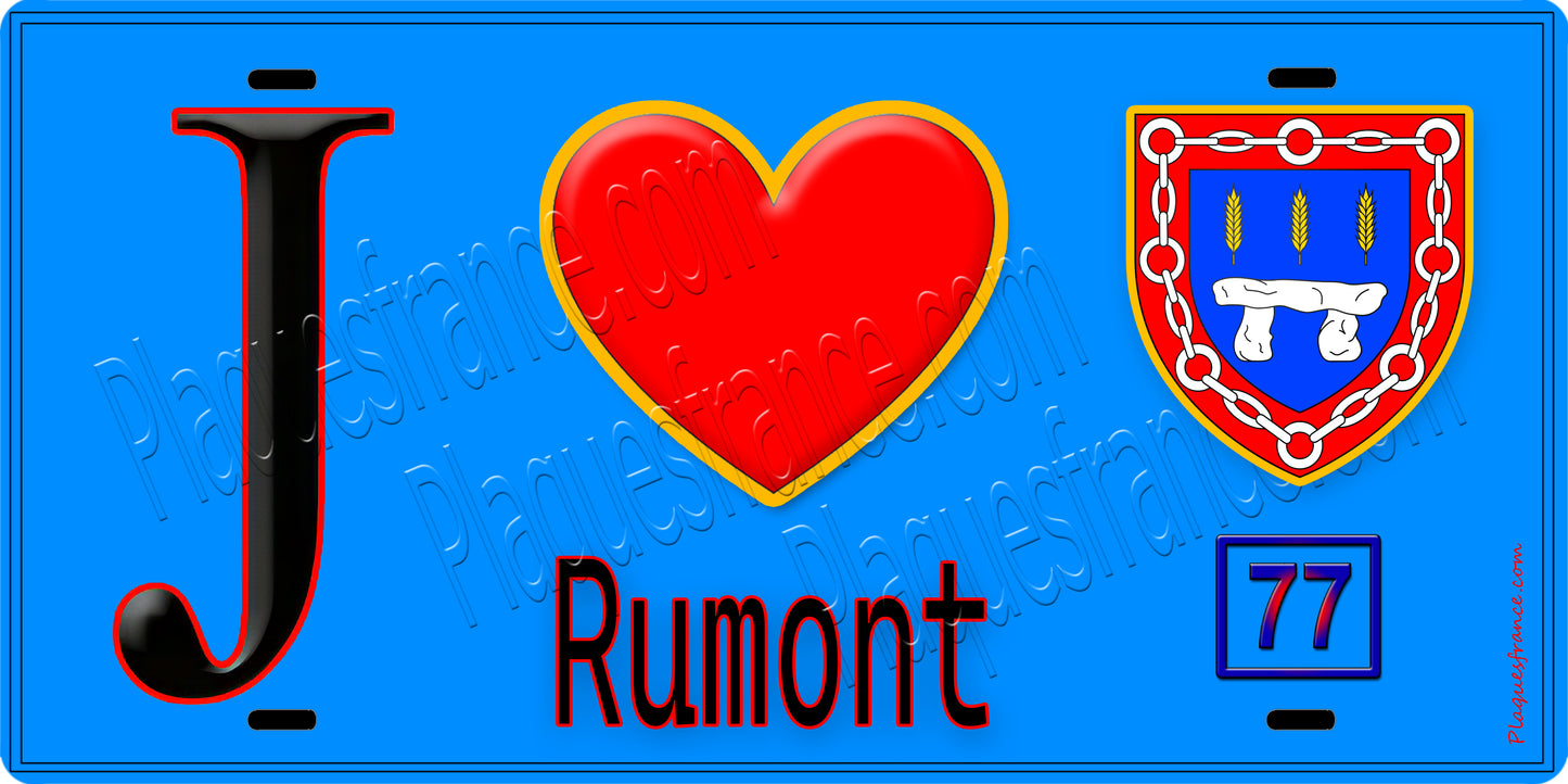 Plaque métal décorative  J' ❤️Rumont, Seine et Marne (77) fond bleu