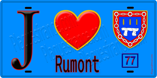 Plaque métal décorative  J' ❤️Rumont, Seine et Marne (77) fond bleu