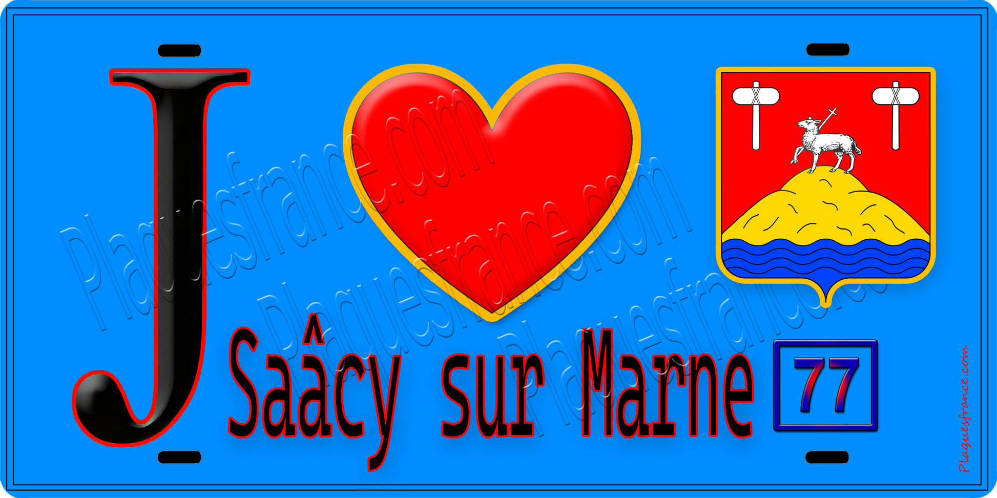 Plaque métal décorative  J' ❤️Saâcy-sur-Marne, Seine et Marne (77) fond bleu