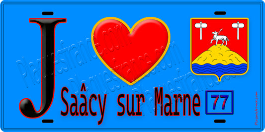 Plaque métal décorative  J' ❤️Saâcy-sur-Marne, Seine et Marne (77) fond bleu