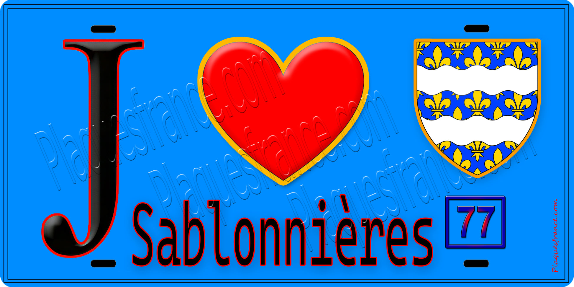 Plaque métal décorative  J' ❤️Sablonnières, Seine et Marne (77) fond bleu