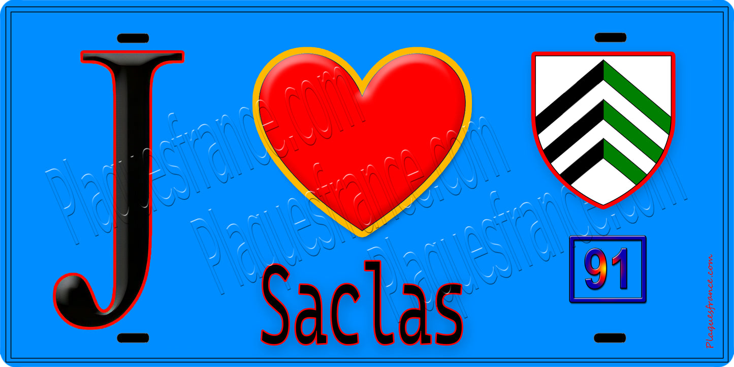 Plaque métal décorative  J' ❤️Saclas, Essonne (91) fond bleu