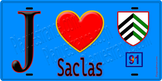 Plaque métal décorative  J' ❤️Saclas, Essonne (91) fond bleu