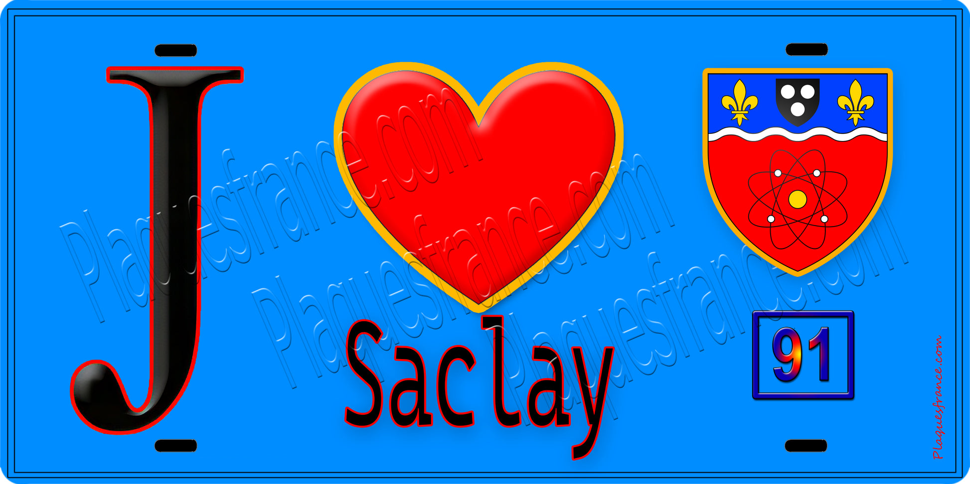 Plaque métal décorative  J' ❤️Saclay, Essonne (91) fond bleu