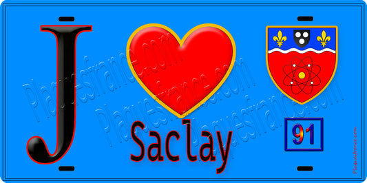 Plaque métal décorative  J' ❤️Saclay, Essonne (91) fond bleu