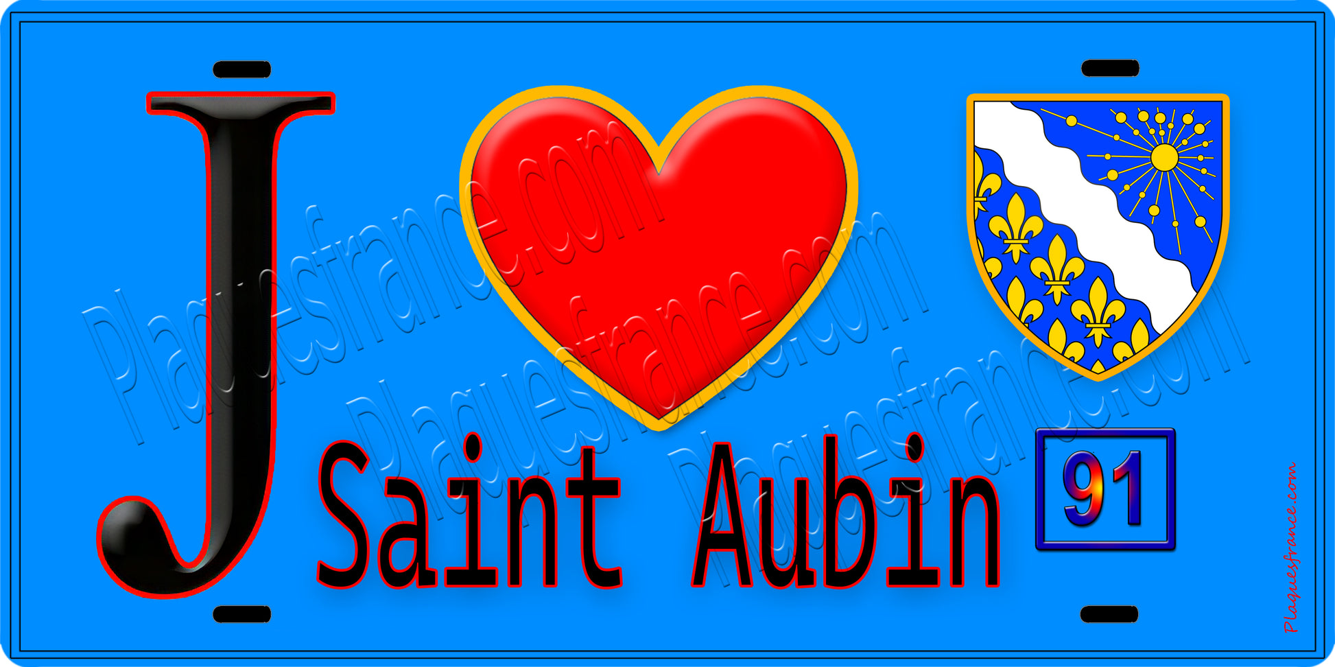 Plaque métal décorative  J' ❤️Saint-Aubin, Essonne (91) fond bleu